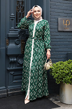 Desenli Yeşil Tesettür Elbise 23924Y