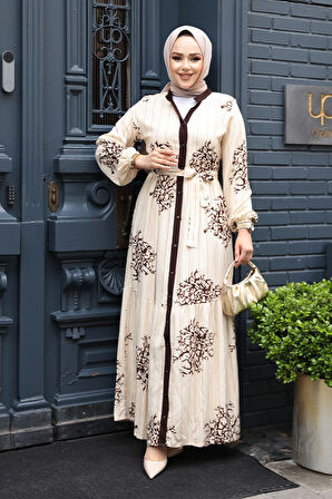 Desenli Kahverengi Tesettür Elbise 23925KH