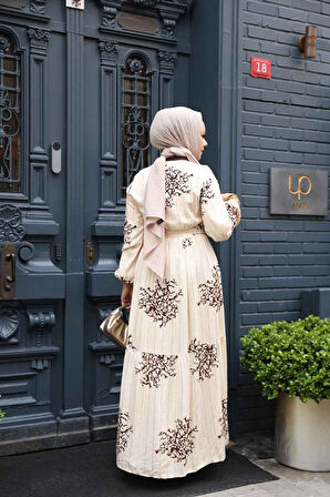 Desenli Kahverengi Tesettür Elbise 23925KH