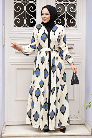 Desenli Siyah Tesettür Elbise 23926S