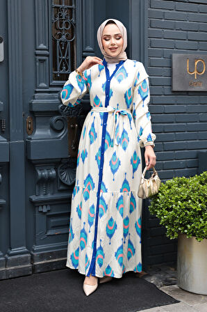 Desenli Sax Mavisi Tesettür Elbise 23926SX
