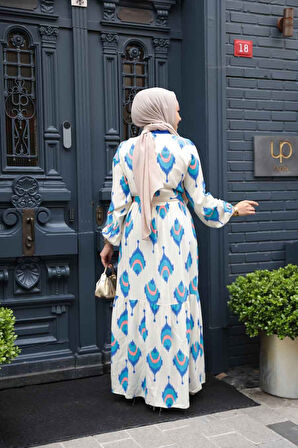 Desenli Sax Mavisi Tesettür Elbise 23926SX