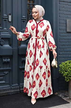 Desenli Bordo Tesettür Elbise 23926BR