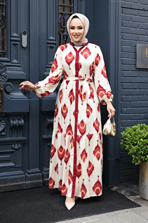 Desenli Bordo Tesettür Elbise 23926BR