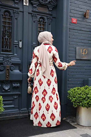 Desenli Bordo Tesettür Elbise 23926BR