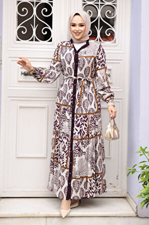 Desenli Mürdüm Tesettür Elbise 23928MU