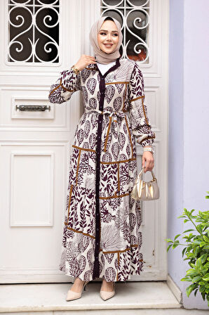 Desenli Mürdüm Tesettür Elbise 23928MU