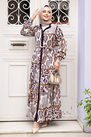 Desenli Mürdüm Tesettür Elbise 23928MU