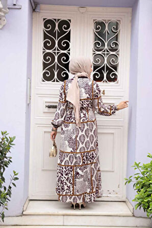 Desenli Mürdüm Tesettür Elbise 23928MU