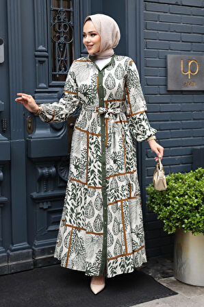 Desenli Haki Tesettür Elbise 23928HK