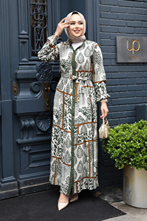 Desenli Haki Tesettür Elbise 23928HK
