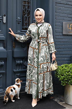 Desenli Haki Tesettür Elbise 23928HK