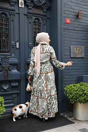 Desenli Haki Tesettür Elbise 23928HK