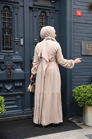 Düğmeli Bej Tesettür Elbise 23929BEJ