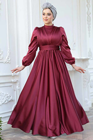 Saten Bordo Tesettür Abiye Elbise 23821BR
