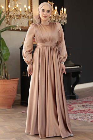 Saten Camel Tesettür Abiye Elbise 23821C