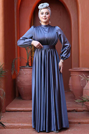 Saten Füme Tesettür Abiye Elbise 23821FU