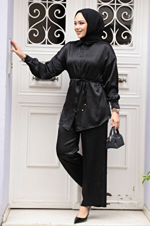 Düğmeli Siyah Tesettür İkili Takım 4016S