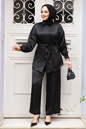 Düğmeli Siyah Tesettür İkili Takım 4016S