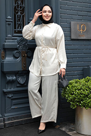 Düğmeli Krem Tesettür İkili Takım 4016KR