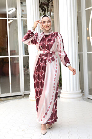 Pileli Desenli Somon Tesettür Elbise 23503SMN