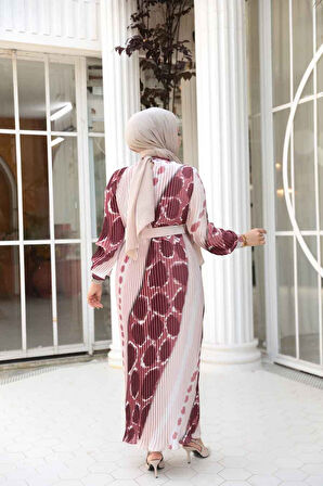 Pileli Desenli Somon Tesettür Elbise 23503SMN