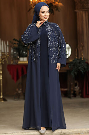 Boncuk İşlemeli Lacivert Tesettür Abaya Takım 25903L