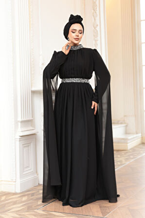 Omuzları Pelerinli Siyah Tesettür Abiye Elbise 25911S