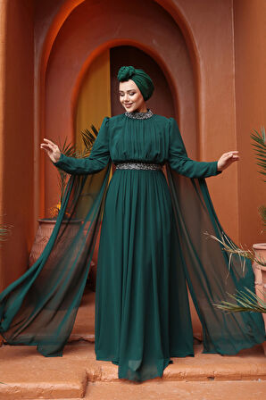 Omuzları Pelerinli Yeşil Tesettür Abiye Elbise 25911Y