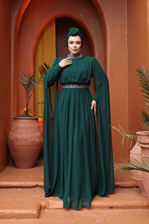 Omuzları Pelerinli Yeşil Tesettür Abiye Elbise 25911Y
