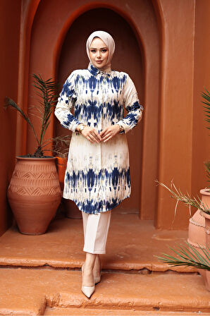 Desenli Lacivert Tesettür Viskon Tunik 11744L