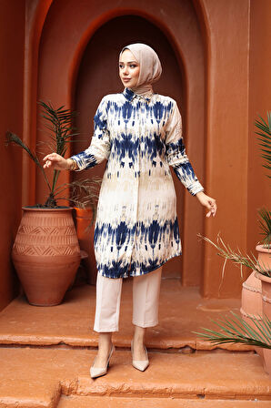 Desenli Lacivert Tesettür Viskon Tunik 11744L