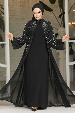 Boncuk İşlemeli Siyah Tesettür Abaya Takım 25903S