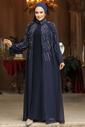 Boncuk İşlemeli Lacivert Tesettür Abaya Takım 25903L
