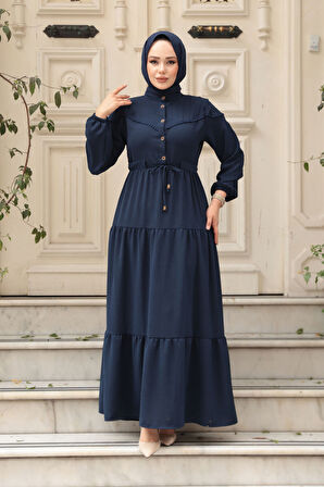 Kat Piliseli Lacivert Tesettür Elbise 10334L