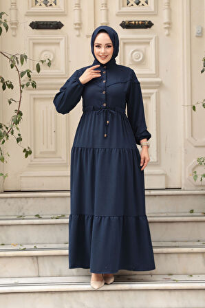 Kat Piliseli Lacivert Tesettür Elbise 10334L