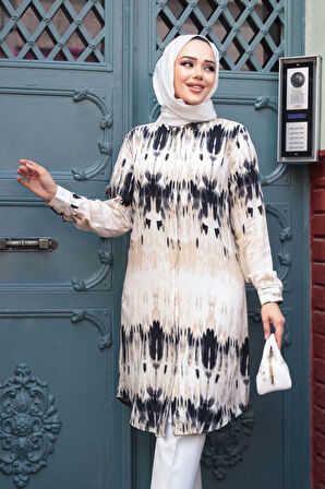 Desenli Siyah Tesettür Viskon Tunik 11744S