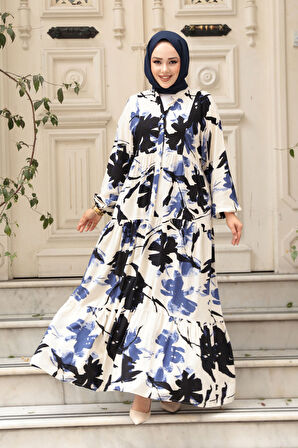 Desenli İndigo Mavisi Tesettür Elbise 24061IM