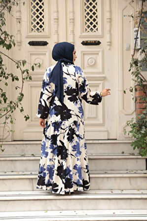 Desenli İndigo Mavisi Tesettür Elbise 24061IM