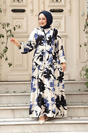 Desenli İndigo Mavisi Tesettür Elbise 24061IM