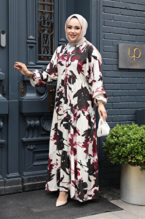 Desenli Mürdüm Tesettür Elbise 24061MU