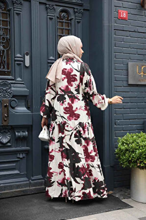 Desenli Mürdüm Tesettür Elbise 24061MU