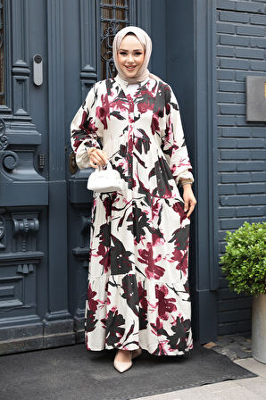 Desenli Mürdüm Tesettür Elbise 24061MU