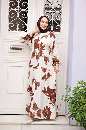 Desenli Taba Tesettür Elbise 24062TB