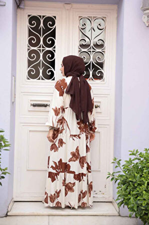 Desenli Taba Tesettür Elbise 24062TB