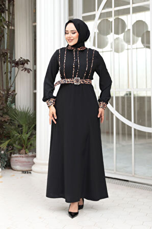 Leopar Detaylı Siyah Tesettür Elbise 10246S