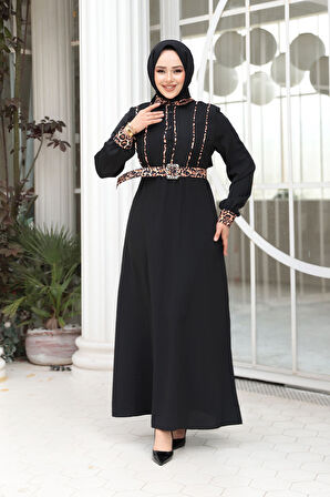 Leopar Detaylı Siyah Tesettür Elbise 10246S