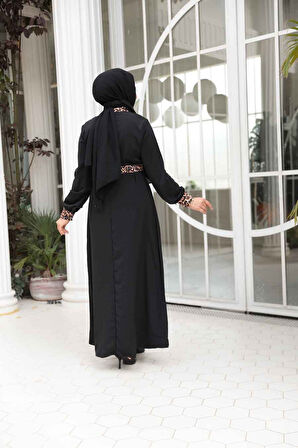 Leopar Detaylı Siyah Tesettür Elbise 10246S