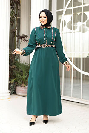 Leopar Detaylı Zümrüt Yeşili Tesettür Elbise 10246ZY