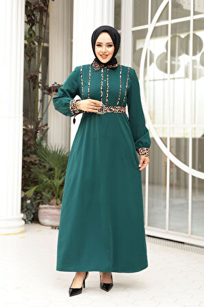 Leopar Detaylı Zümrüt Yeşili Tesettür Elbise 10246ZY
